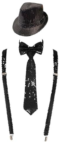 TiaoBug Unisex Pailletten Hosenträger Zauberer Hut und Glitzer Krawatte Fliege Gentleman Anzug Sakko Uniform Kleidung Zubehör Gentleman Hochzeit Party Kostüm Schwarz Einheitsgröße