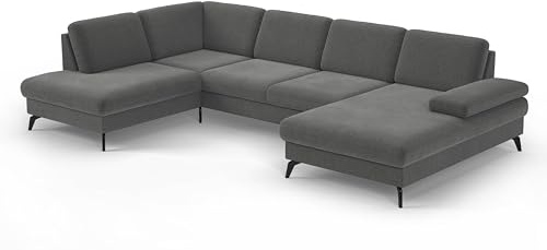 Cavadore Wohnlandschaft Moritz / Sofalandschaft mit Longchair im trendigen Design, Sitztiefenverstellung und mattschwarzen Metallfüßen / 212 x 82 x 335 / Flachgewebe, Grau