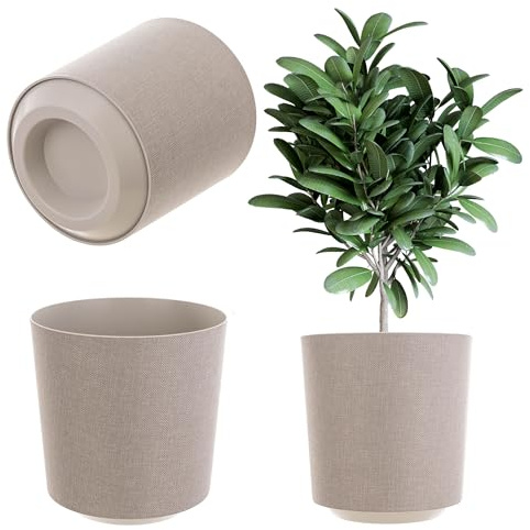 KADAX Dekorativer Übertopf, Runder Pflanztopf, Blumentopf aus Kunststoff, Pflanzentopf für Anbau von Pflanzen, Kräutertopf für Innen und Außenbereich (Beige, 25cm)