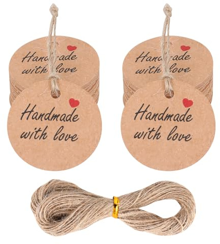 Geschenkanhänger 100 Stück Handmade with Love Anhänger Kraftpapier Rund Tags 3cm Labels mit Jutekordel 20 Meter, Dekorative Hängeetiketten für Weihnachten, Hochzeit, Valentinsta Geschenke