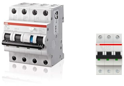 ABB RCBO DS203NC FI/LS-Schalter 16A, 4-polig, Empfindlichkeit 30mA, DIN-Schienen-Montage & S200 MCB Leitungsschutzschalter Typ B, 3-polig 25A 400V, Abschaltvermögen 6 kA System Pro M Compact