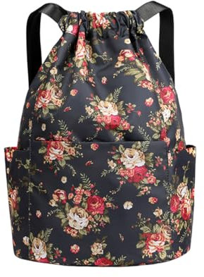 FAVORTALK Turnbeutel Damen Sportbeutel mit Kordelzug Verstellbar Tunnelzug Blumen Sportrucksack mit Schultergurt Wasserdicht String-Rucksack für Erwachsener Jugend Sport und Reisen - JSB040-04