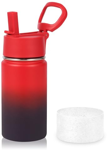Volhoply Botella de agua de acero inoxidable aislada a prueba de fugas de 14 onzas con tapa con popote y funda de silicona, sin BPA, fácil de usar para niños y niñas, botellas al vacío de doble pared