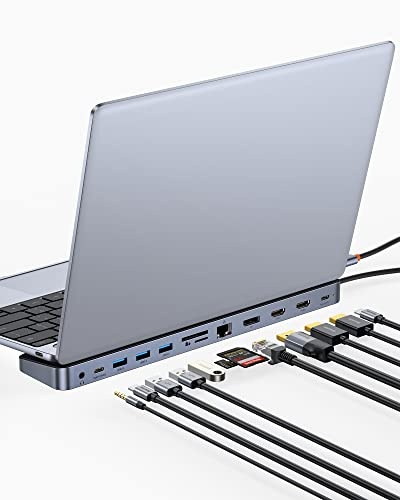 Baseus Laptop Docking Station, 4K Multitasking Docking Station with 2 HDMI+DP, PD, 3 USB-A, RJ45, Audio, TF/SD Card Reader, USB Hub Compatible for MacBook/Dell/HP/Surface/Lenovo