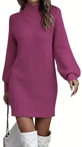 ELFIN Strickkleid Damen Rollkragen Langer Pullover Puff Ärmel Winter Pulloverkleid Freizeitkleid Langarm Strick Kleider Minikleid (L, Lilarot)