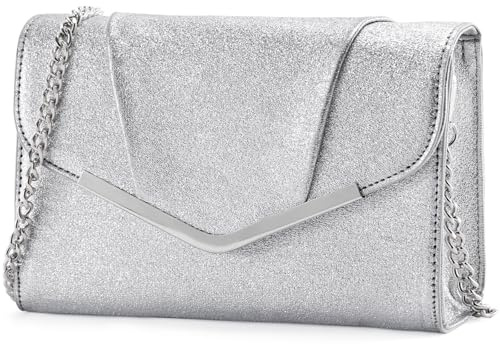 VASCHY Bolso Plata Mujer Fiesta, Clutch Plateado de Noche con Cadena Desmontable, Cartera de Mano para Boda, 24 x 6,5 x 15 cm