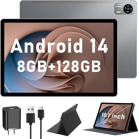 Bvlary Tablet 2025 Newest Androind 14 Tablet, 10.1 Inch tablet, Androind PC 16GB(8+8) RAM+128GB ROM 512GB TF, 5G+2.4G WiFi| BT 5.0|Octa Core|1280x800 IPS|13MP+8MP|6000mAh| GPS| Type C- Gray