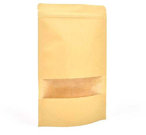 10 sacchetti per alimenti riutilizzabili con finestra (180 x 260 mm), in carta kraft marrone, con chiusura lampo, sigillabili a caldo, richiudibili, per alimenti, per torte, cioccolatini, snack,