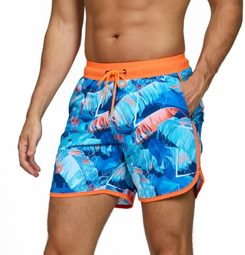 TMEOG Bañador Hombre Short de Playa Surf Secado Rapido Pantalones Cortos Cordon Bañadores Piscina Natacion Retro Traje de Baño con Bolsillo y Forro de Malla Swimming Shorts(Hojas de plátano,M)