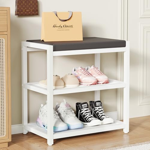 Small Shoe Bench Shoe Rack Storage Bench Entryway Bench Shoe Shelf with Seat Cushion, Stable Shoe Organizer for Entryway, Living Room, Bench Seat Holds Up to 300 lb, (18L x 12W x 17H, White)