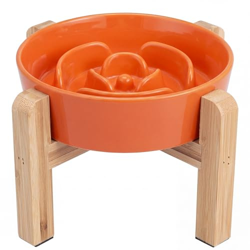 Gamelle Anti-Glouton Surélevée pour Chien - Bol en Céramique avec Support en Bambou - Idéale pour Chiens de Petite et Moyenne Taille - Orange - 17 cm