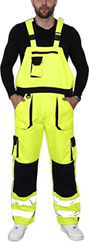 Men's Hi Vis Contrast Bib and Brace Workwear Dungarees Adjustable Straps Work Dungarees For Men UK High Visibility Overall Safety Hi Viz Dungarees Yellow 3XL