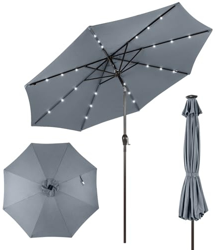 RELAX4LIFE Sonnenschirm Ø3M, Gartenschirm mit LED, Marktschirm Sechseck, Terrassenschirm mit Kurbelmechanismus, Kurbelschirm UV-beständig und Wasserabweisend, Ampelschirm Metallstruktur (Grau)