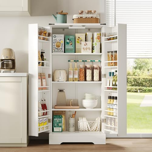SogesHome Hochschrank Esszimmerschrank Aufbewahrungsschrank Küchenbuffet Buffetschrank mit Led Food Cabinet mit 2 Flügeltüren mit verstellbaren Einlegeböden für Esszimmer Wohnzimmer