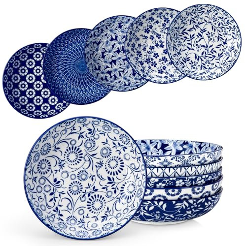 vancasso SELENE 6 Cuencos Grandes de Porcelana para Pasta, 1200 ML Tazones de Sopa, Platos Hondos para Ensaladas, Frutas y Más – Apto para Microondas y Lavavajillas, Estilo Chino en Azul y Blanco
