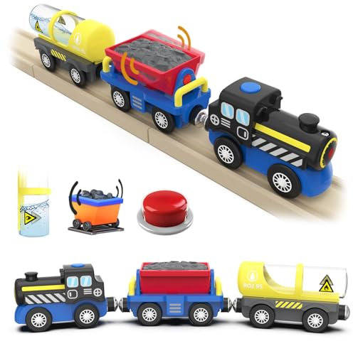 DxxD Treno a Vapore a Batteria, Treno Elettrico per Bambini, Trenino Legno Giocattolo Bambini Compatibile con Thomas, Brio, Connessione Magnetica, Giocattolo Regali per Ragazze Ragazzi 3+ Anni