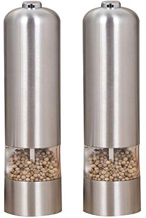 TONZN Molinillos de Sal y Pimienta, Juego de molinillos eléctricos, Grosor Ajustable, dosificación iluminada, Acero Inoxidable Cepillado, Funciona con Pilas, Paquete de 2