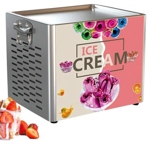 Commercial Single Square Pan Fried Ice Cream Machine, Stainless Steel Yogurt Roll Ice Cream Machine, Fry Ice Cream Roll Machine with Compressor and 2 Scrapers
