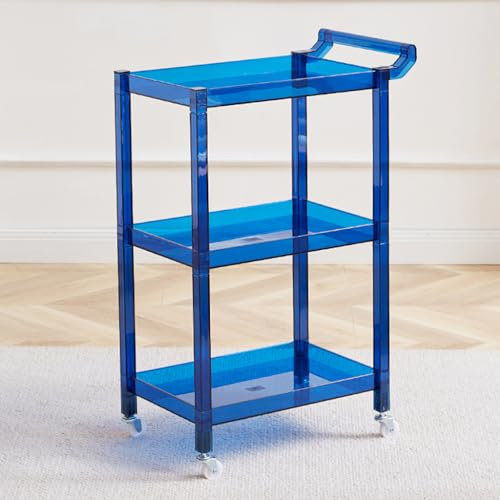 Rollwagen aus transparentem Acryl, 3 Etagen, Barwagen mit Griff und 4 Rädern, für Küche, Wohnzimmer, Esszimmer, Wäsche, multifunktionaler Mehrzweckwagen für kleine Räume (74 cm H blau)