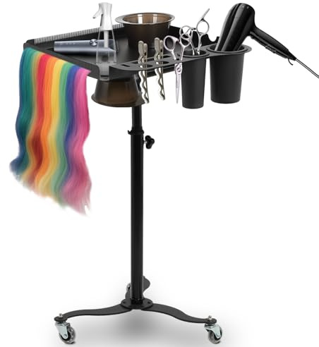 FAHKNS Salon Tray Cart with 2 Magnetic Bowls, Rolling Height Adjustable Salon Tray on Wheels, Hair Extension Tool Tray, Tattoo Tray with Stand and Hair Separator Holder for Hair Salon Tattoos