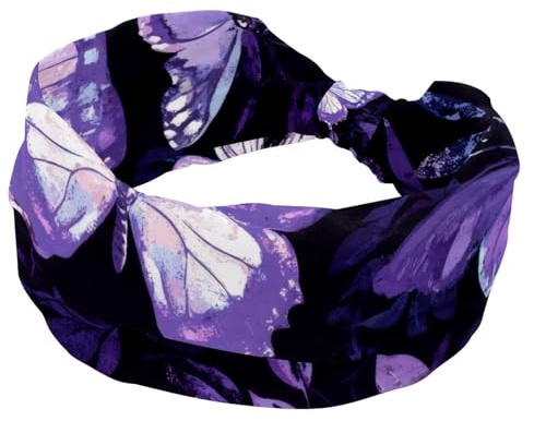 Serre-tête extensible violet lilas avec papillons artistiques pour femme, bandeau antidérapant tendance pour yoga, entraînement, usage quotidien
