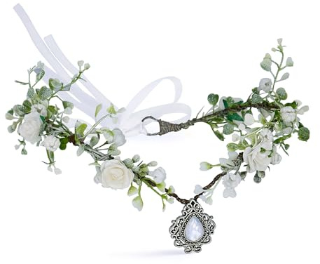 MOSTORY Elfen Blumen Feenkrone für Cosplay Renfaire Accessoires, Weiße Blumenkranz mit Strass für Faschingskostüme Damen