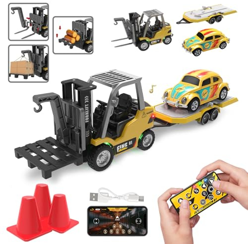 seveclotree 1/64 RC Forklift Toy,Toys for 6 7 8 9 Year Old Kids Boys,2 in 1 Transformable Lift Fork & Hook with Lights & Sounds,Remote Control Car with Trailer,RC Construction Toys Kids Gifts