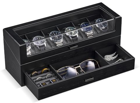 ProCase Coffret Montre Homme en Bois, Boîte à Montre 6 Emplacements avec Couvercle Transparent et Tiroir de Rangement -Noir