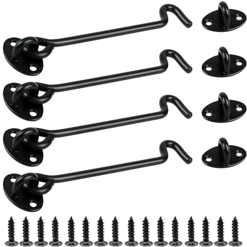 4 Pcs Hook and Eye Latch, 6 Inch Gate Hook and Eye Latch, Black Stainless Steel Bedroom Door Lock with Screws, for Gates Barn Doors Sheds Windows Bedroom Door Lock, Cabin Hooks for Doors Outside