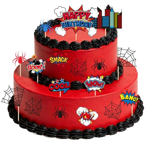 17pcs Spider Theme Birthday Cake Toppers, Spider Web Cupcake Picks Happy Birthday City Cardstock Decorations for Kids Boys Men Baby Shower Halloween Comic Style Party Supplies
