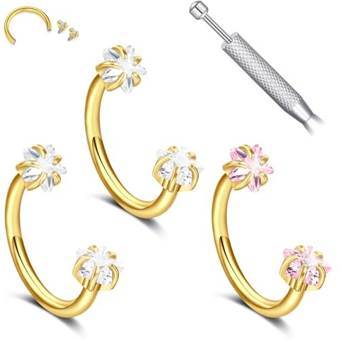 18G Septum Piercing Gold Nasenpiercing Ring 8mm - 316L Chirurgenstahl Innengewinde Hufeisen Piercing mit CZ, Präzisions-Verschluss für Damen & Herren, Helix Tragus Lippen Schmuck (Set mit 3 Stk)