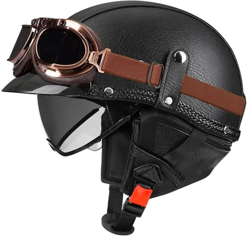 Casque Moto Vintage Casques Jet avec Lunettes Casques Bols Mobylette Scooter Ouvert Casques Homologué ECEDOT Rétro Demi Casque Moto pour Adultes Homme Et Femme 3,M=57~58cm
