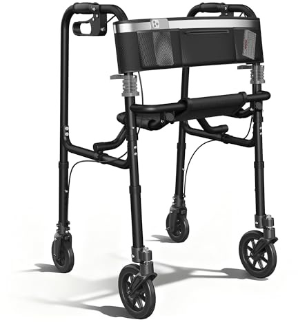 Walkers for Seniors, 4 Wheel Rollator Walker with Seat Supports 300lb,Aluminum Frame, Foldable Walker with 6 Backrest & Storage Bag, Height Adjustable, Lightweight Rolling Walker,Only 12LBS