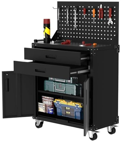 Werkzeugschrank Metall, Werkzeugschrank mit 2 Schubladen und Lochwand,Mobiler Aktenschran ,Metall Aktenschrank Abschließbar mit Verstellbarem Einlegeboden Für Garage, Lager Und Werkstatt 80*40*90CM