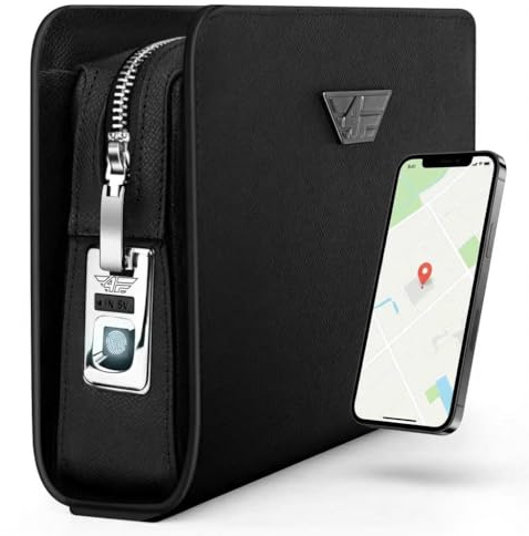 4FLY Borsa da uomo con serratura delle impronte digitali e smart tracker compatibile con Apple Dove è? APP, borsa da polso di sicurezza in pelle per uomo, pochette con scomparto per carte di credito e