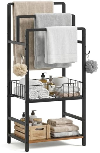 HOOBRO Freestanding Towel Rack for Small Bathroom, 3-Tier Towel Holder with Storage Shelf, Basket & Hooks, Space Saving Bathroom Organizer for Towels & Toiletries, Rustic Brown BF13LB01