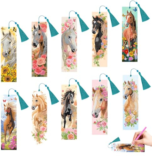 10 Stück Diamond Painting Lesezeichen Pferd 5D Diamond Painting Kinder Diamant Malerei Lesezeichen mit Anhänger,DIY Lesezeichen Spielzeug Geschenke für kreative Handarbeit mit Ganzen Familie