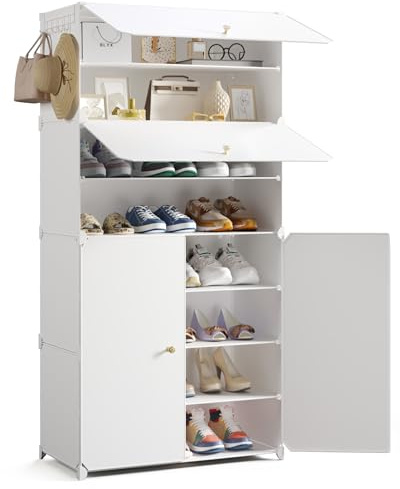 Mondeer Schuhregal, Schuhschrank 8 Ebenen mit Türen, Kunststoff Aufbewahrungsschrank mit Verstellbare Ablage, für Flur Schlafzimmer Wohnzimmer Eingang, 30 × 60 × 138 cm (Weiß)