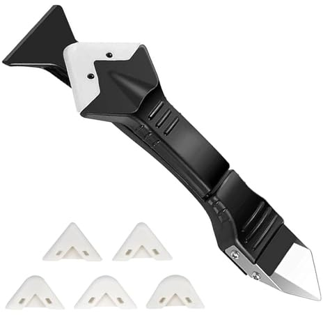 Silicone Remover Tool Kit, Adjustable 3-in-1 Caulking Tool Kit with 5 Replacement Silicone Pad Heads, Muli-Reusable Cleaning Scrapers Grout Remover for Bathrooms, Kitchens, Floors (Black)