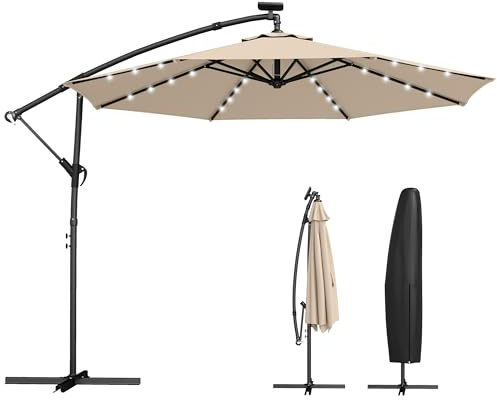 Outsunny Parasol déporté solaire LED - Environ 300 cm de diamètre - Pivotant à 360 ° - Avec support à manivelle - Protection UV - Imperméable - Parasol de jardin - Parasol de marché - Beige