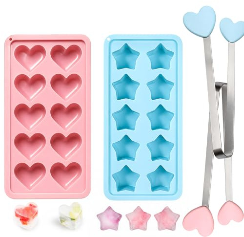 4 Pcs Ice Cube Moulds Set with 2 Heart Shape Ice Tongs, Star Ice Cube Tray for Creative Shapes, Ice Tongs for Serving, Easy Release Kitchen Accessory for Home