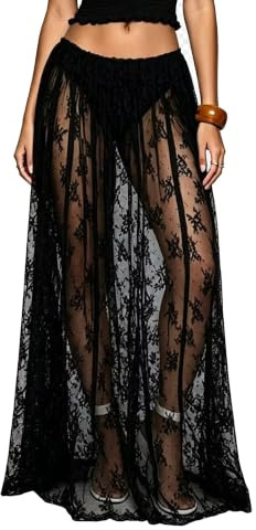 Women Boho Floral Lace Maxi Skirt Elastic Waist See Through Long Skirts | Elastic Waist Semi Sheer Long Skirt with Built in Shorts Perfect for Summer Beach Vacation Going Out Party