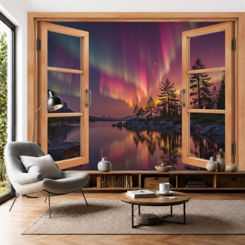 Papel Pintado Efecto 3D Ventana Bosque Aurora Boreal Salón Dormitorio - Fotomurales Pared Seda Decorativos Murales Reflejo Del Lago Decoración de Paredes (200 x 140cm)