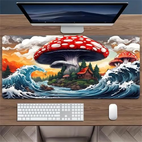 KIZIFI Tappetino per Mouse Gaming XXL 1000x500x2 mm, Onde Funghi Tappetino per Tastiera Antiscivolo, Bordi Cuciti, Superficie Ottimizzata per Sensori, Sottomano da Scrivania per Ufficio, PC e Laptop
