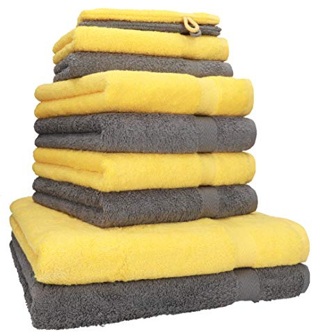 Betz Premium Frottier Handtuch-Set 10-teilig - 2X Duschtücher - 4X Handtücher - 2X Gästetücher - 2X Waschhandschuhe - Anthrazit Grau & Gelb