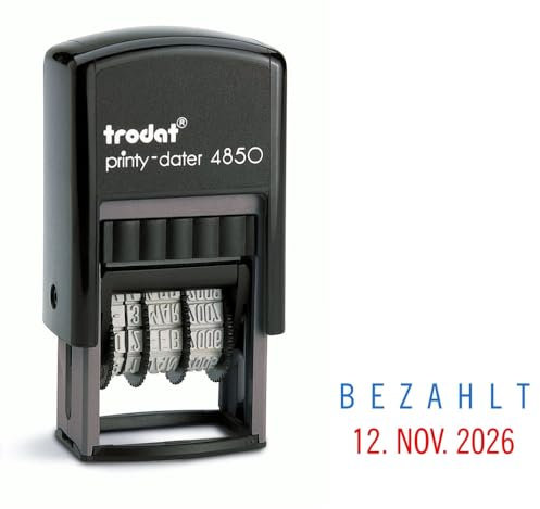 Trodat Printy Dater 4850 Datumstempel mit 2farbigem Kissen blau/rot + Wunschtext, Stempeltext:B E Z A H L T