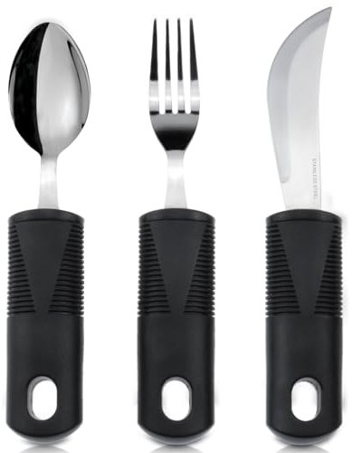 Vive Adaptive Utensil Set - Arthritis Aid Silverware for Parkinsons, Hand Tremors - Easy Grip for Shaking and Trembling Hands - Heavy Stainless Steel Spoon, Fork, Serrated Knife (Standard)