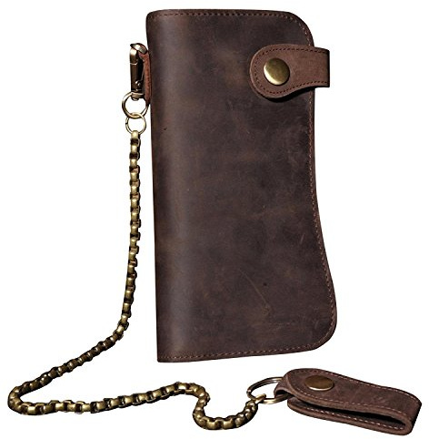 Herren-Geldbörse mit Kette, Leder, lang, Bifold Trucker, Vintage, Biker, Geldklammer mit Reißverschluss, Braun mit Eisenkette, Long, Vintage