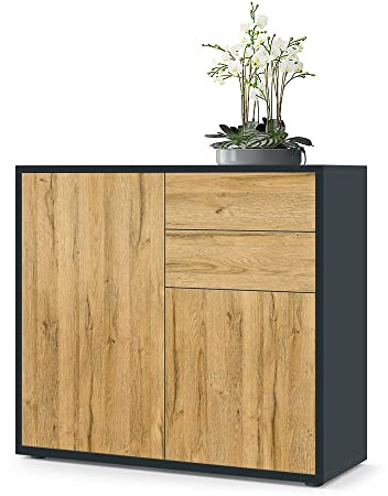 Vladon Sideboard Ben, Made in Germany, Kommode mit 2 Türen und 2 Schubladen, Schwarz matt/Eiche Natur (79 x 74 x 36 cm)