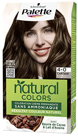 Palette Natural Colors - Coloration Permanente Cheveux - Couleur Naturelle - Cheveux nourris - Couvre 100% des Cheveux Blancs - Sans Ammoniaque - Beurre de Cacao & Lait d'Avoine - Châtain 4.0